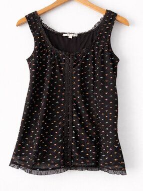 Vintage Moa Moa Black Sheer Hook Front Tank L Ruffle Trim Ditsy Print